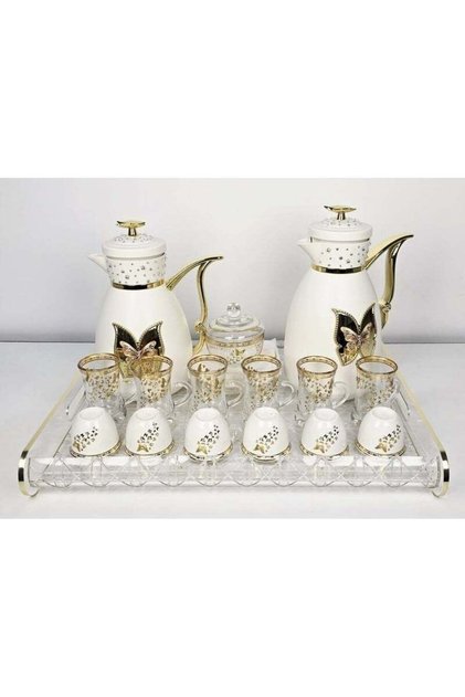 22-Piece Arabic Tea & Coffee Set – Elegant Gold Thermos with Glass Cups & Serving Tray