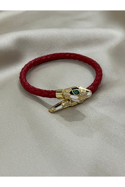 Leather Bracelet with Stone Snake Detail