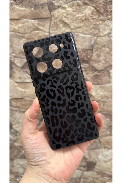 Infinix Note 40 Pro Compatible Black Leopard Patterned Silicone Shock-Absorbing Classic Protective Rubber Case