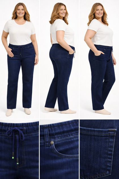 Plus Size Full Lycra Elastic Waist Seasonal Buttoned Trendy Lace-Up High Waist Pocketed Denim Pants