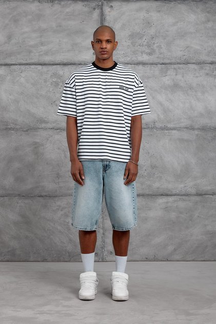 Men's T-Shirt Striped White Oversize Crew Neck Thin Cotton Fabric