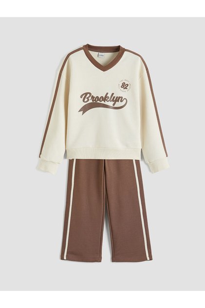Meral Collection Ecru Brooklyn Printed Girls' Sweatshirt and Sweatpants