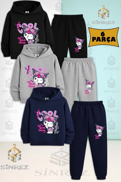 Çocuk Unısex KUROMI COOL YAZILI 3'Lü Kapşonlu Eşofman Takımı