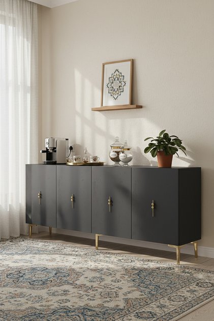 KA1527AG KONSOL, ÇOK AMAÇLI DOLAP, KAHVE KÖŞESİ VE TV SEHPASI ANTRASİT-GOLD 150cm