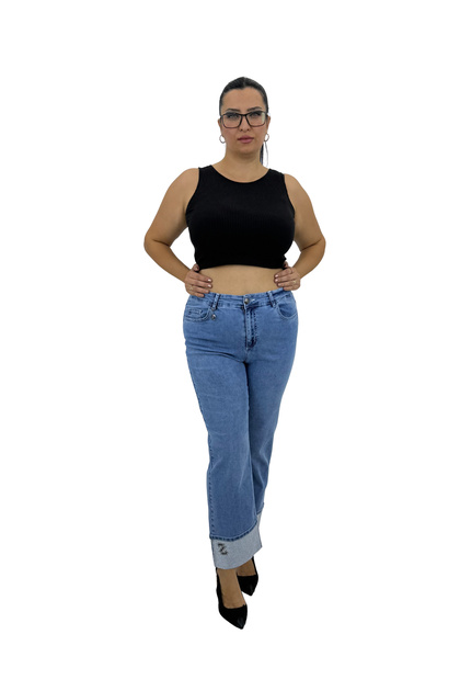 Plus Size Denim High Waist Gathering Detail with Stone Detail on the Leg, Wide Leg Women's Trousers