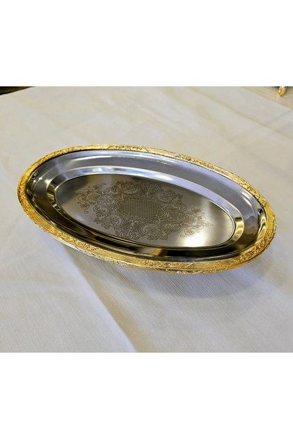 Stainless Steel Oval Presentation Plate with Cast Iron Frame 38 cm Silver / Gold Detailing