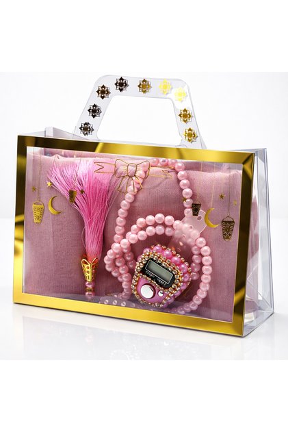 Transparent Gift Set with Bag – Flared Scarf, Stone Zikirmatik, Pearl Prayer Beads - Special for Ramadan