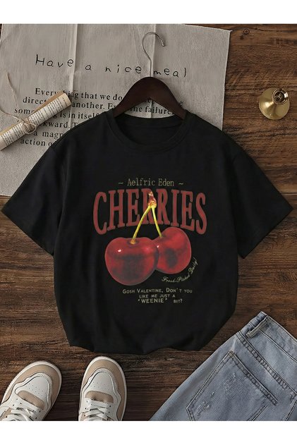 Cherries written cherry design printed black women's t-shirt