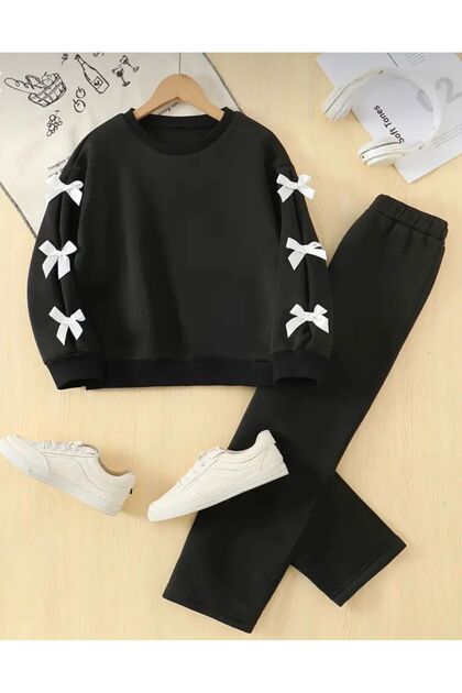 Girls' Gray Sweatshirt with Black Ribbon Gray Loose Fit Tracksuit Set