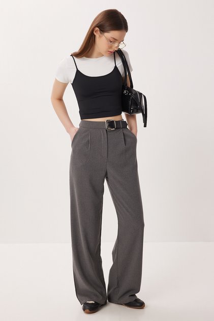 Belt Detailed Woven Palazzo Trousers Lby0044 Gray
