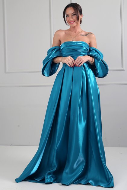 Women's Strapless Balloon Sleeve Lined Pleated Pocket Taffeta Long Dress