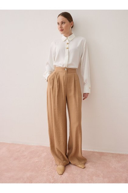 High Waist Pleated Detailed Wide Leg Trousers - Beige -