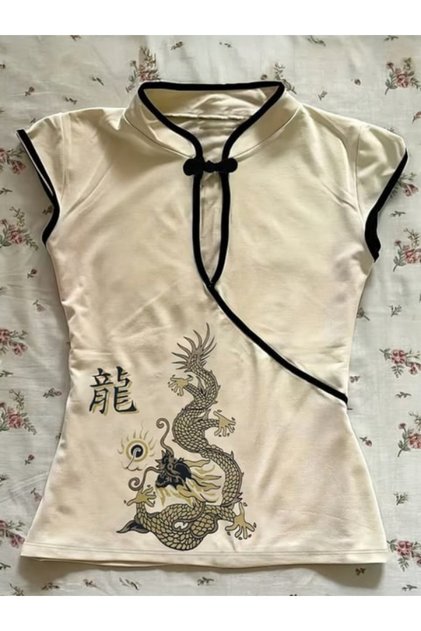 Ecru Mandarin Collar Dragon Motif Vintage Qipao Y2K Short Sleeve Crop