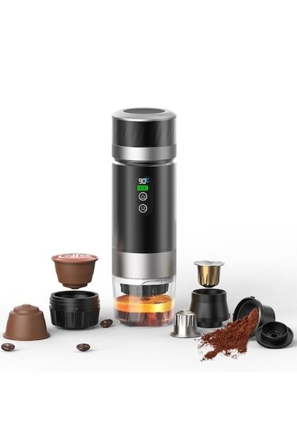 Espressor Portabil Cafea 3 in 1, Aparat Cafea Portabil, Incalzire 90°C, Capsule Nespresso, Dolce Gusto + Cafea Macinata, Baterie Reincarcabila 7500 mAh, Auto/Camping/Birou, Calatorii, Negru