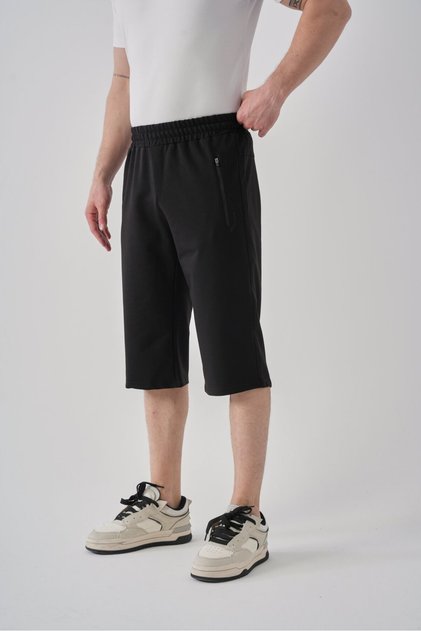 Black Men's Summer Capri Pants with Zipper Pocket, Comfortable Fit, Adjustable Elastic Waist, Embroidery Detail