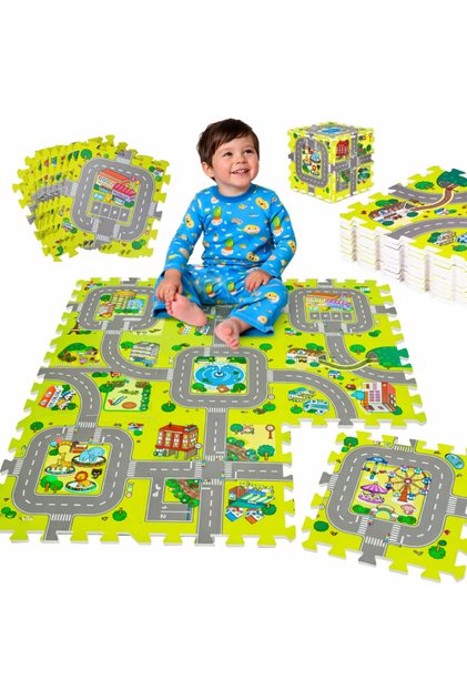 Covor puzzle din spuma EVA pentru copii – Pista masinute, 9 piese, 90x90 cm, grosime 1 cm