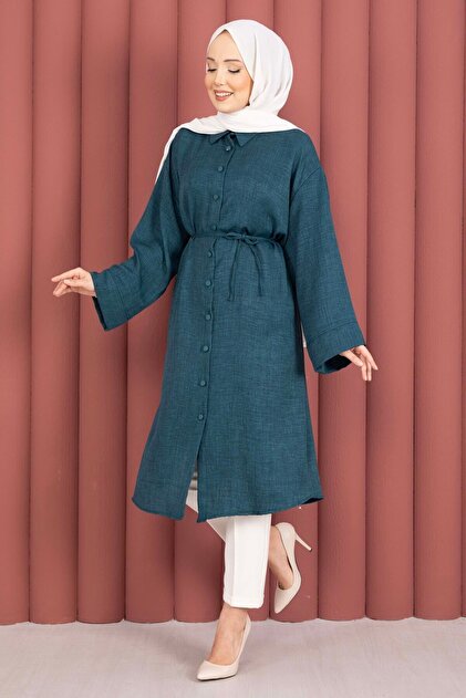 Lace-Up Buttoned Tunic Shirt Petrol