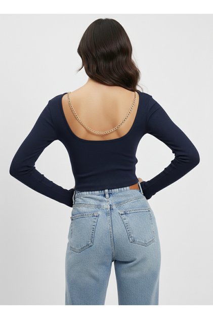 Women's Navy Blue Crew Neck Blouse with Chain Detail on the Back Nj98