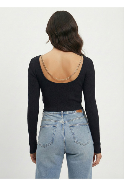 Women's Anthracite Crew Neck Blouse with Chain Detail on the Back Nj98