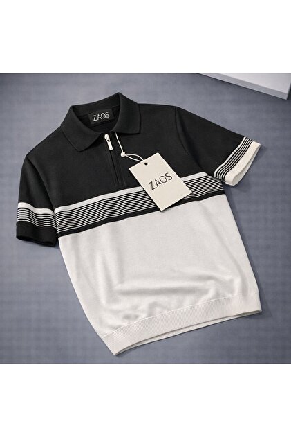Men's Striped Zippered Polo Neck Knit T-Shirt Stretchy High-Quality Regular Fit T-Shirt
