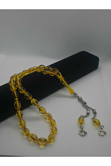 33 Habbe Amber Prayer Beads with Natural Amber Stones, Fossil Embellishments, Moon and Star Figures, and Steel Tassels