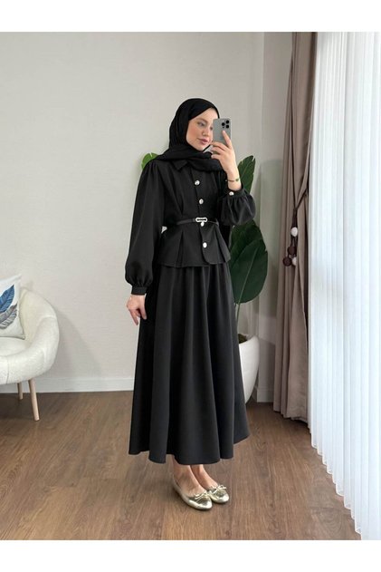 Belt Detailed Pencil Shirt and Skirt Set - Black