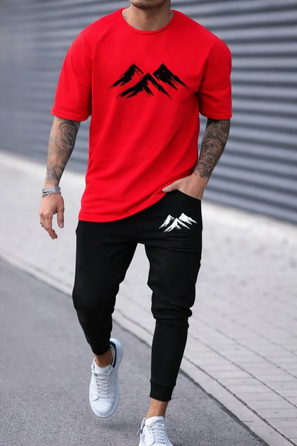 Men / Women Mountain Pattern Oversize T-Shirt Black Elastic Cuff Sweatpants Set