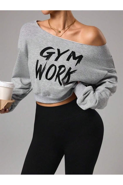 Women's Gym Work Printed Crop Boat Neck Sweatshirt