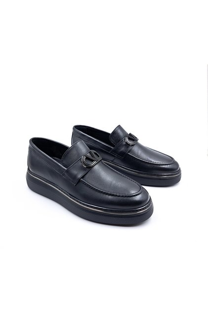 Genuine Leather Buckle Laceless Men's Black Comfort Loafer Shoes