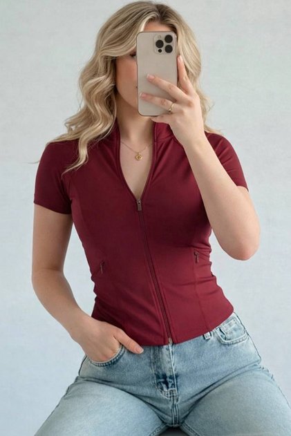 Range Women's Short Sleeve Zipper Pocket Burgundy Slim Fit Sports Blouse