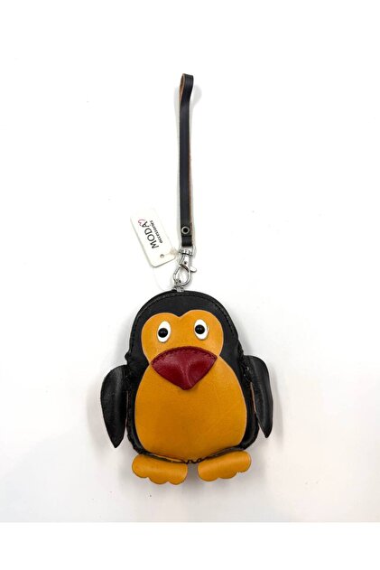 Handmade Leather Keychain with Penguin Figure / Mini Zipper Wallet