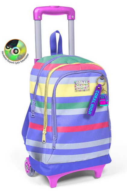 Kids Purple Yellow Lavender Striped Three-Compartment Wheeled School Backpack 34002