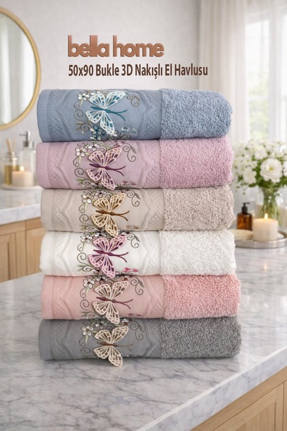 Bukle 3D Embroidered Hand Towel | Set of 6 | 50X90 cm | 100% Cotton | Soft-Textured | Stylish and Durable