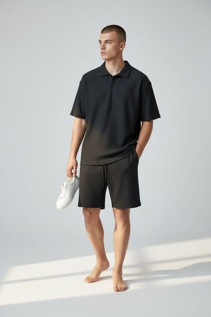 Men's Black Patched Ottoman Shorts Top and Bottom Set