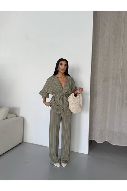 Women's Green Striped Linen-Look Kimono Set - Relaxed Fit Flowy Linen-Look
