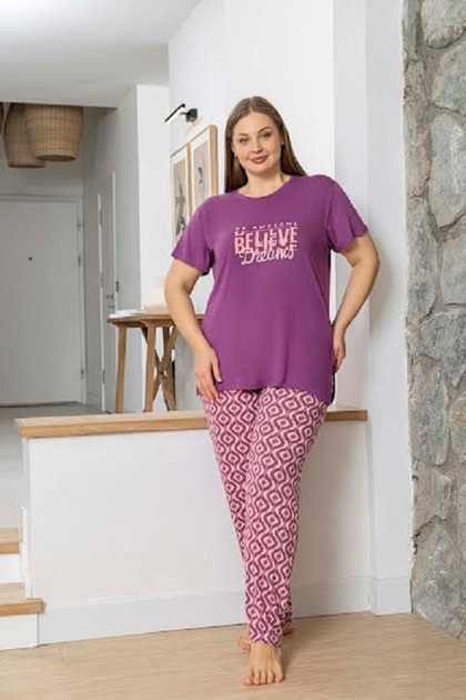 Women's Purple Believe in Dreams Printed Short Sleeve Pajama Set - Viscose Geometric Patterned Home Wear