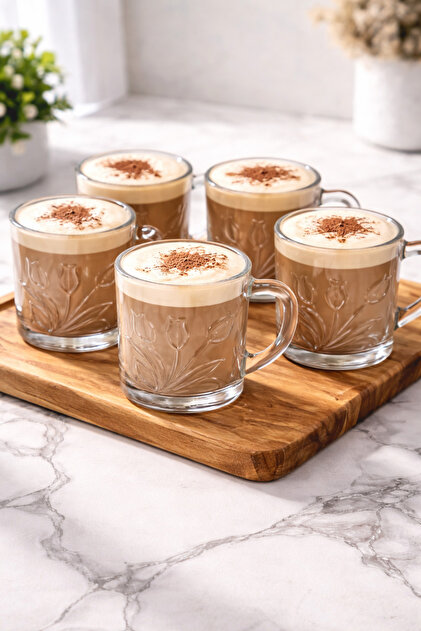 Set 6 Căni Sticlă 220 ml King Polo, Model Floral Embosat, Pentru Cafea și Cappuccino