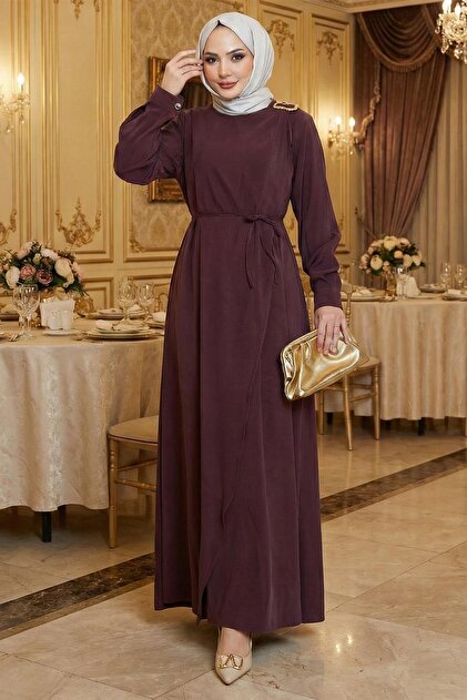 Buckle Detail Tie-Detail Modest Dress Burgundy HM2887