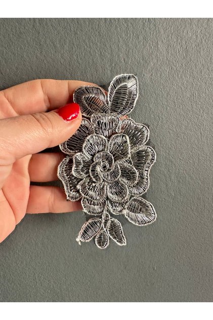 Embossed Embroidery Work Guipure Floral Arma Sewing Applique 11X3 cm Silver