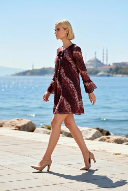 Women's Plus Size V-Neck Long Standard Sleeve Cuff Detail Floral Pattern Tulle Knitted A-Line Mini Dress
