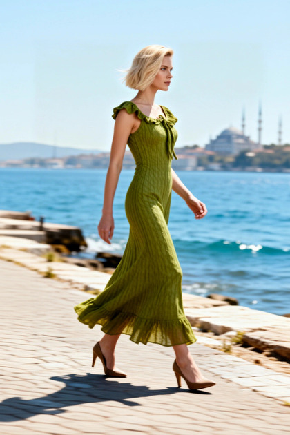 Women's Bodycon Skirt Maxi Dress Molded Strap Collar Flounced Shoulder Sleeveless Knitted Patterned End Sports