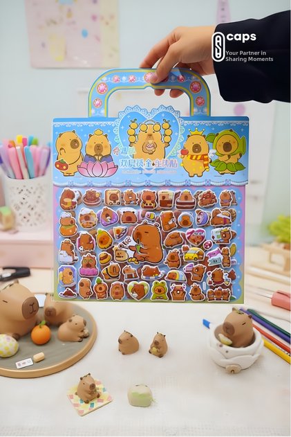 Set de autocolante 3D Puff în relief – peste 100 de bucăți de autocolante tematice Capybara | Design special în formă de geantă