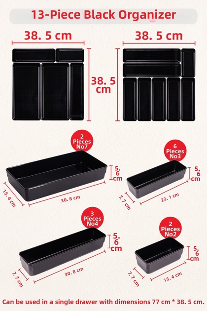 Glossy Black (Piano Black) 13-Piece Organizer (38.5 cm * 38.5 cm - 2 Sets)