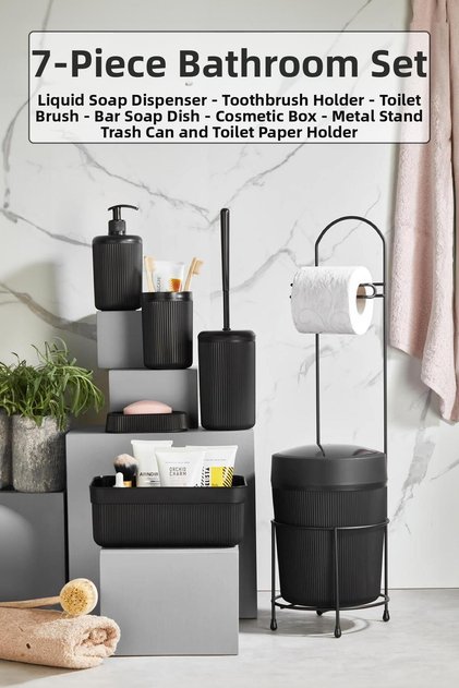 7-Piece Black Bathroom Set with Metal Stand, Bucket, Toilet Paper Holder, Cosmetic Box, Toothbrush Holder, and Soap Dish