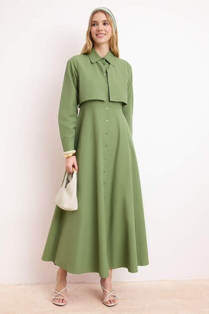 Green Suit-Looking One-Piece Cotton Woven Hijab Dress Tctss26Eb00110