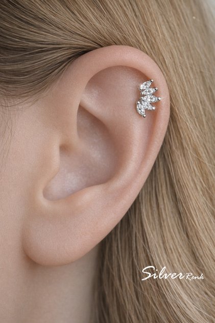Zirkon Taşlı Piercing Tragus Helix Kıkırdak Gümüş Renk
