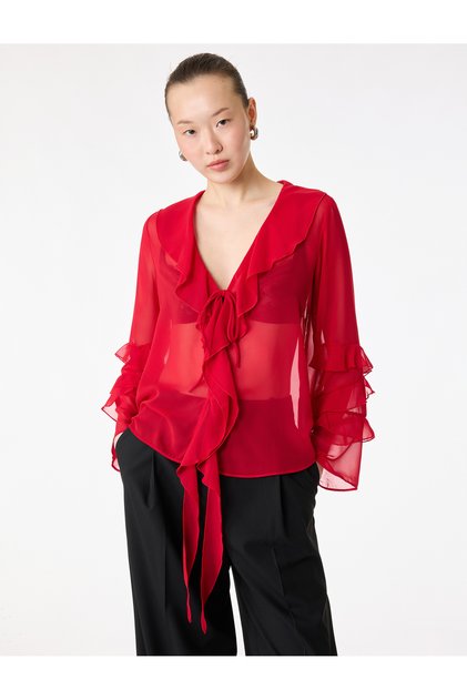 Long Sleeve V Neck Ruffle Chiffon Blouse