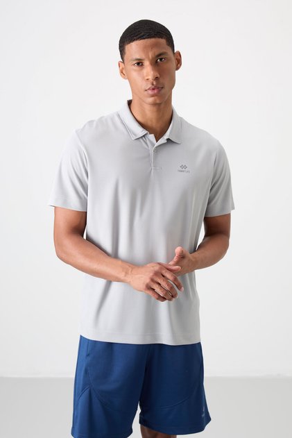 Gray Logo Printed Standard Fit Polo Neck Active Sports Men's T-Shirt - 88252