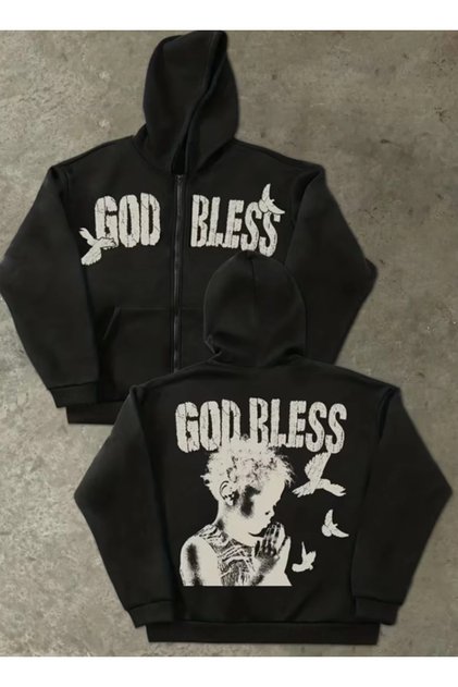 God Bless Ön ve Sırt Baskılı Özel Tasarım Kapüşonlu Fermuarlı Unisex Siyah Sweatshirt-Hırka