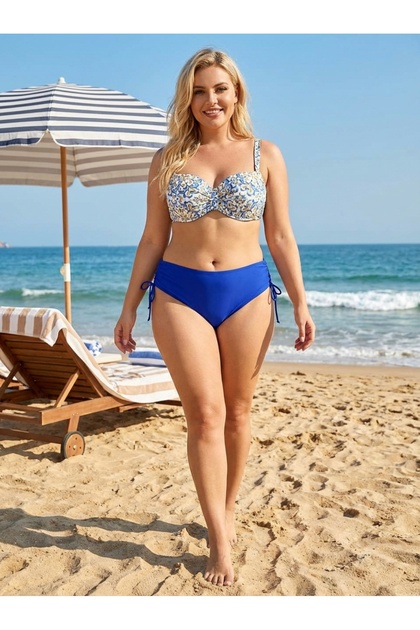 Kadın Mavi Beyaz Desenli Taş İşlemeli Astarlı Bikini Takım HZL25S-LC3309